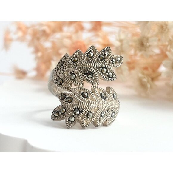 Art Deco Marcasite Foliage Bypass Shank Crossover Milgrain Vintage Ring - sz 7 - Picture 1 of 10